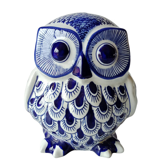 Cute Chubby Owl Blue And White Porcelain Hand Painted