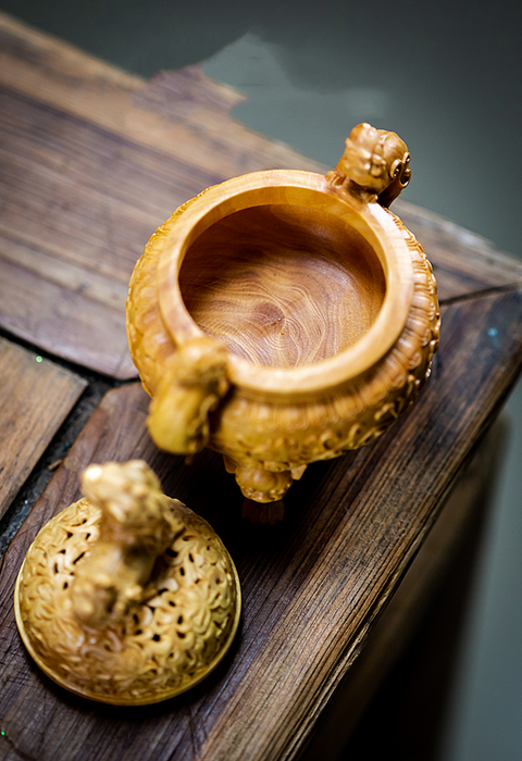 Wood Carved Incense Burner With Lions - Morrow Land