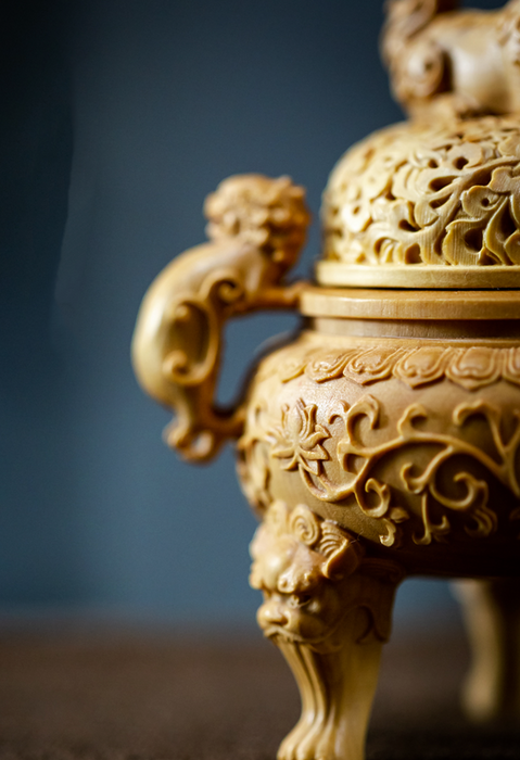 Wood Carved Incense Burner With Lions - Morrow Land