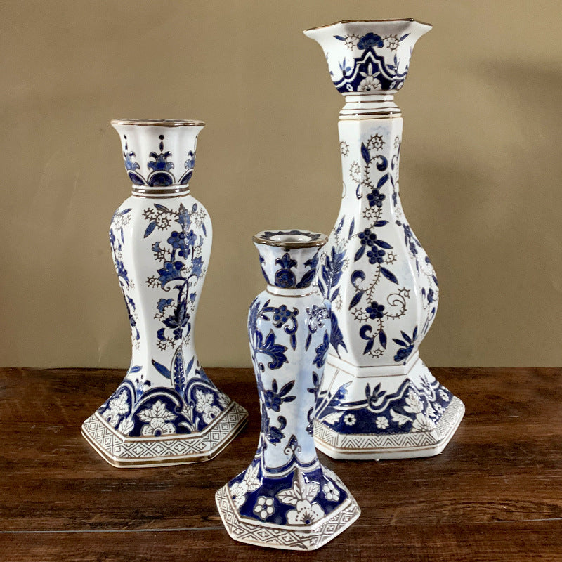 Blue and white porcelain candlestick with gold - Morrow Land