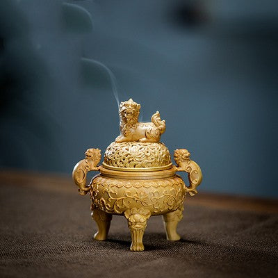 Wood Carved Incense Burner With Lions - Morrow Land