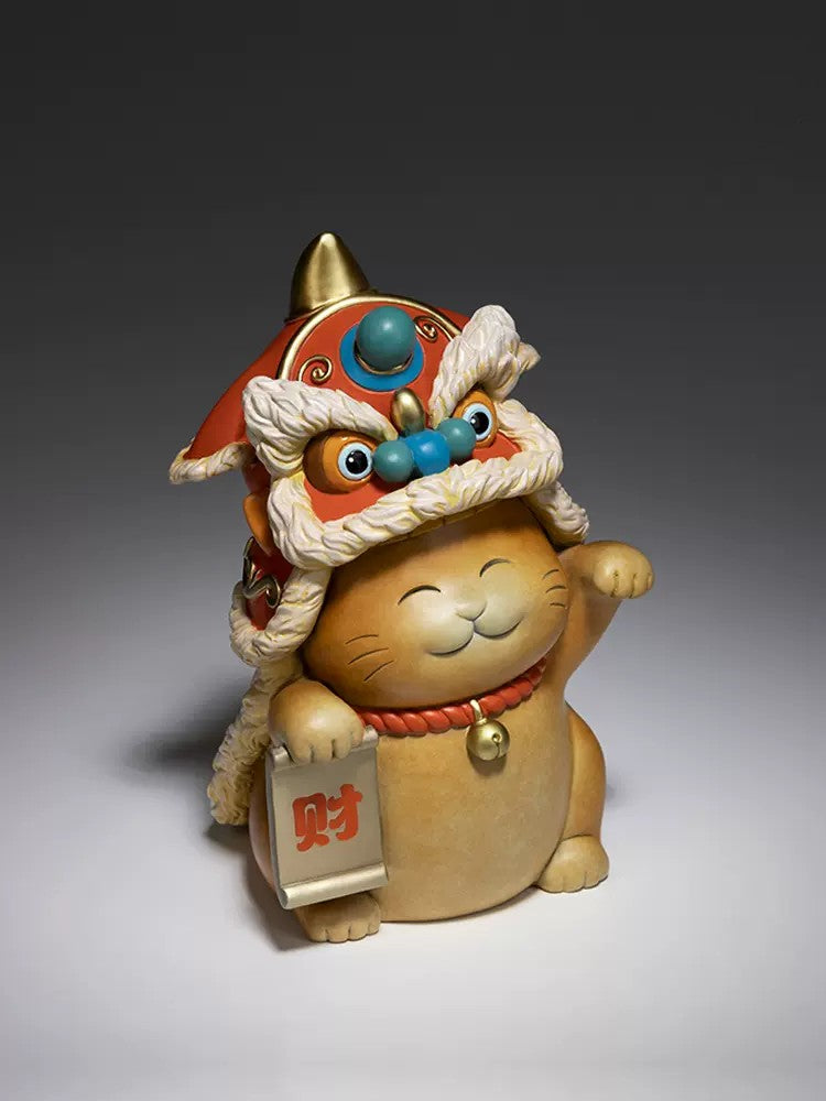 Pure Brass Fortune Cat With Lion Dance Hat - Morrow Land