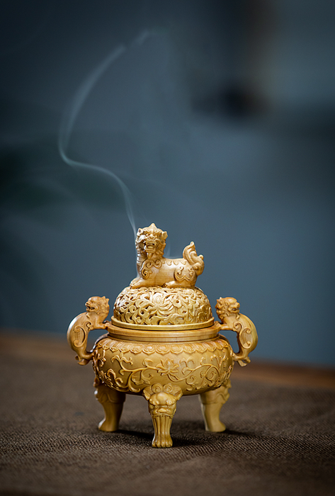 Wood Carved Incense Burner With Lions - Morrow Land