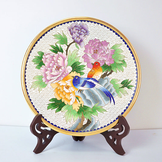 13" Cloisonne Peony Flower and Bird Plate - Morrow Land