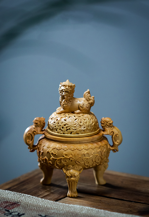 Wood Carved Incense Burner With Lions - Morrow Land