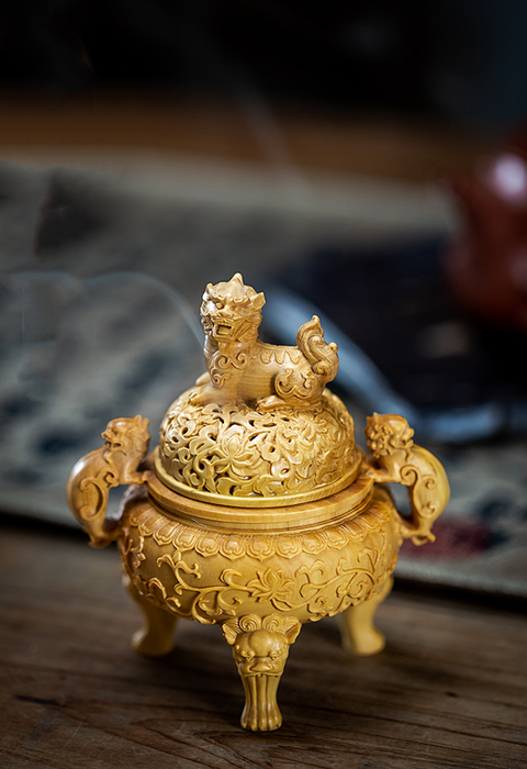 Wood Carved Incense Burner With Lions - Morrow Land