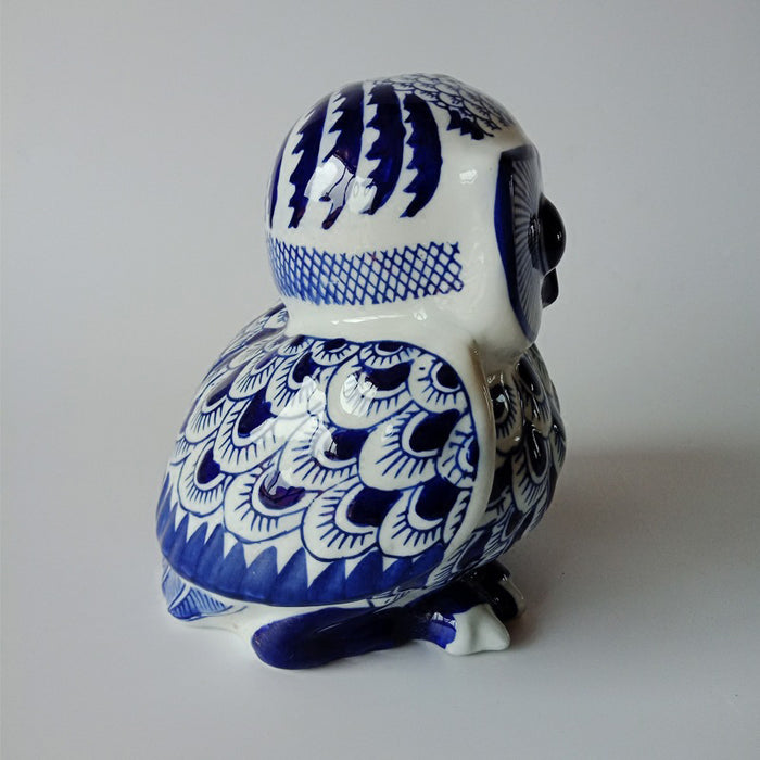 Cute Chubby Owl Blue And White Porcelain Hand Painted - Morrow Land