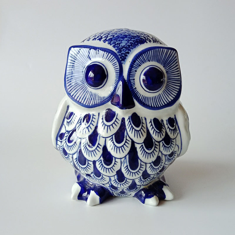 Cute Chubby Owl Blue And White Porcelain Hand Painted - Morrow Land