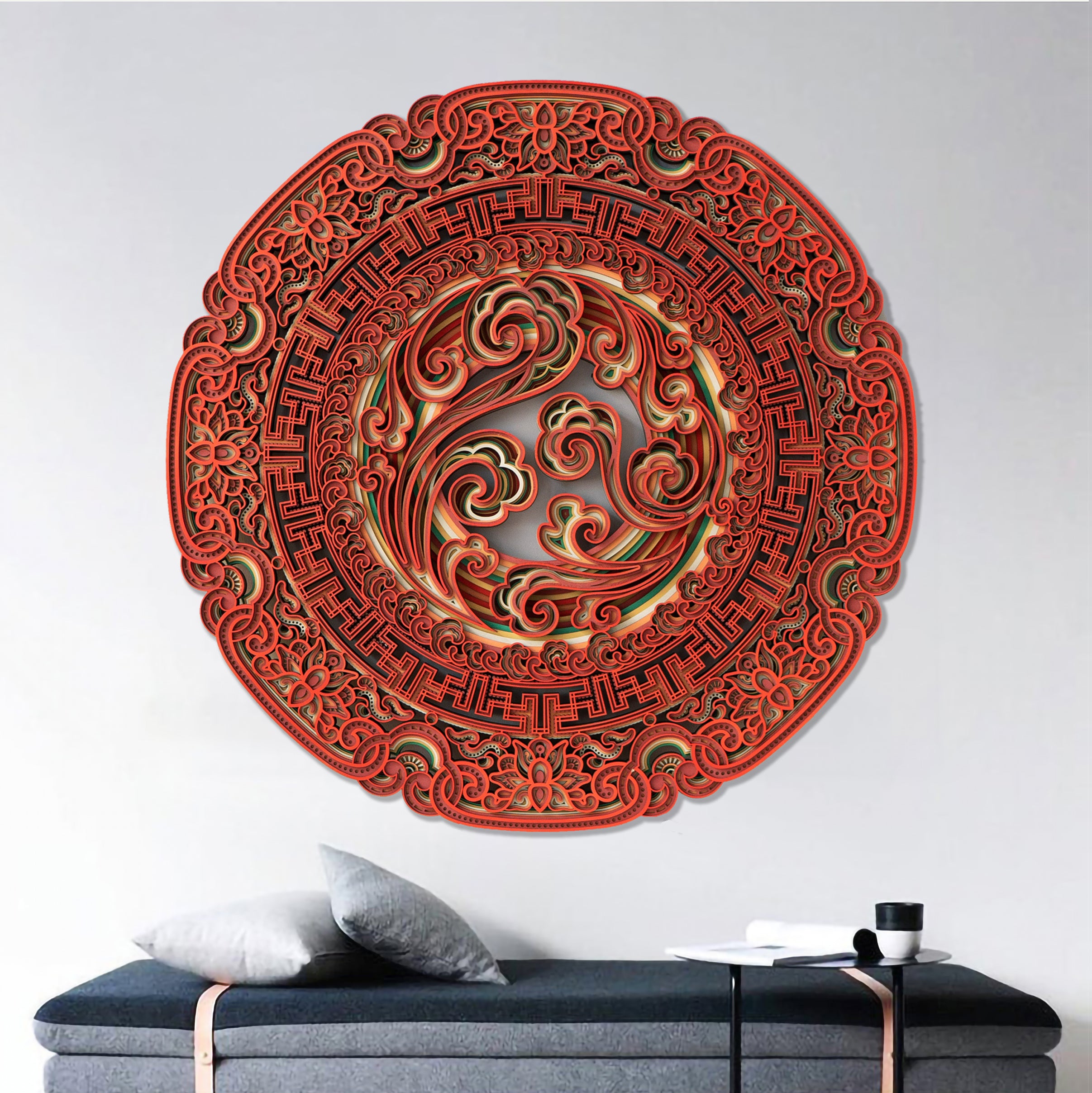 East Asian Style Sea Waves and Clouds Multi-layered Wood Carving Decoration - Morrow Land