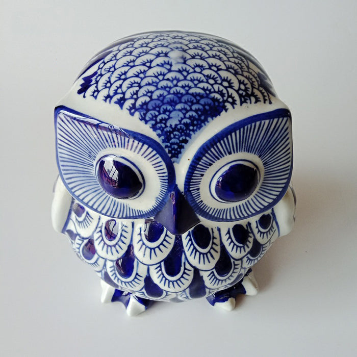 Cute Chubby Owl Blue And White Porcelain Hand Painted - Morrow Land