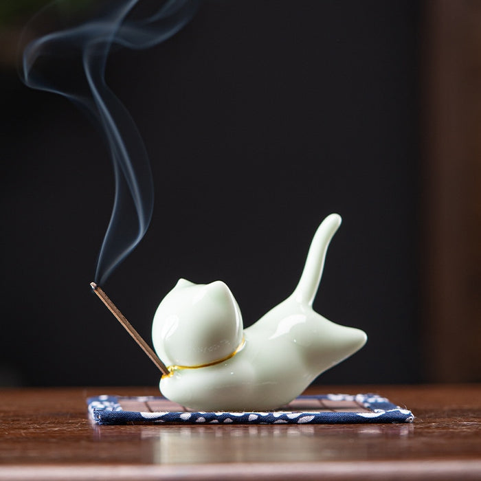 Ceramics Cute Cat Statue Incense Burner Creative Stick Censer Tea Ceremony Ornaments Home Decoration Accessories - Morrow Land